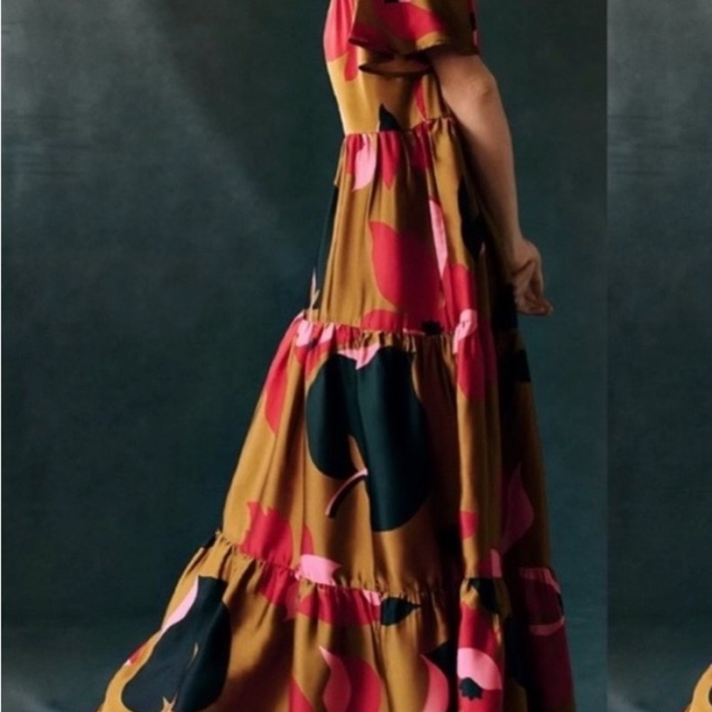 Corey Lynn Calter Tiered Maxi Dress in Mustard, Pink & Black Floral